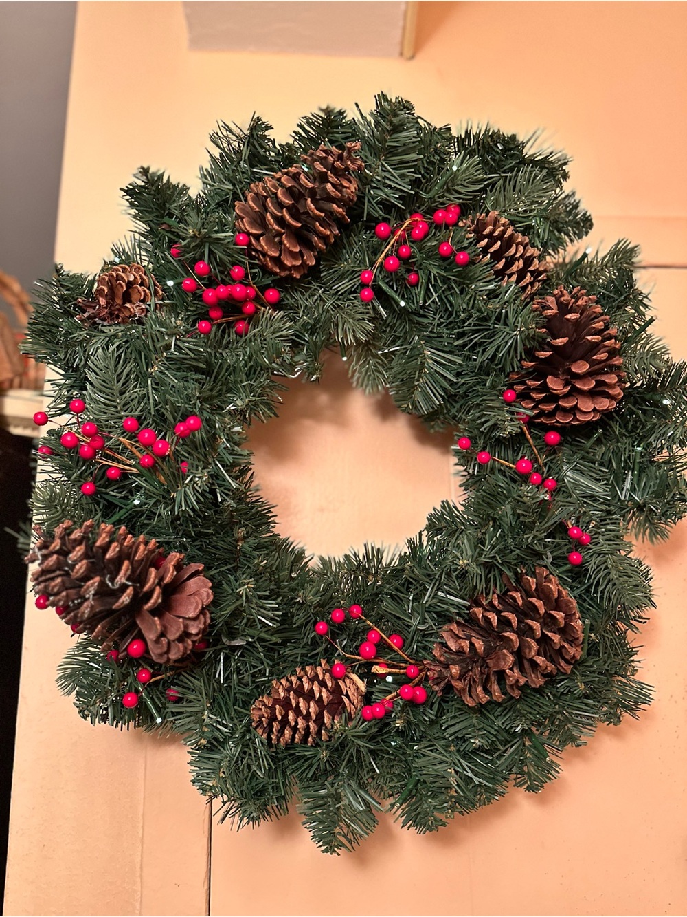 Classic Green Pine Wreath with Red Berries and Pinecones 22”D and Lights